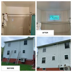 Completed Job in Dingmans Ferry, PA. A New Construction Simonton Vinyl Awning Window was added into this bathroom and finished out all new white PVC Trim.