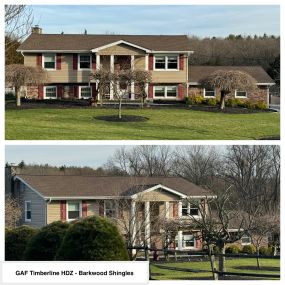 Completed Job in Lafayette, NJ. This roof was re-done in GAF Timberline HDZ Barkwood Shingles. We also completed the siding with Mastic Quest Dutchlap Pebble Clay Panels with Burgundy Red Shutters!