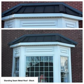 Completed Job in Andover, NJ. This picture window was replaced with a new Harvey Classic Series White Vinyl Picture Window with Grids. This window was topped off with a Standing Seam Metal Roof - Black.