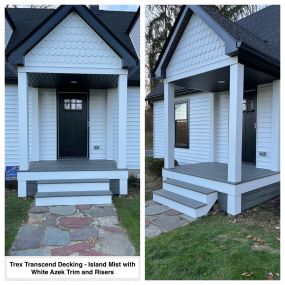 Completed Job in Newton, NJ. This porch was done in Trex Transcend Decking - Island Mist with White PVC Trim and Risers.