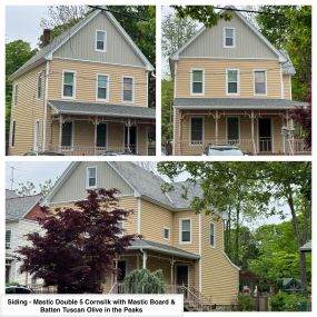 Completed Job in Newton, NJ. This home was re-sided in Mastic Quest D5 Cornsilk Siding, paired with Mastic Board & Batten Tuscan Olive Panels in the Peaks. We finished off this job with 5