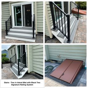Completed Job in Hackettstown, NJ. We started this project by replacing the Sliding Glass door with a Simonton 5500 Sliding Glass Door with Blinds between the glass. The Bilco was than removed and replaced with new and we finished up this job by adding Trex Stairs in Island Mist with a Black Signature Railing System!