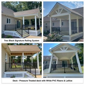 Completed Job in Wantage, NJ. This deck got a total refresh!  A new Reverse Gable Roof System was framed, all new Pressure Treated Decking was applied along with White PVC Risers, Trim Boards, Main Posts, and Lattice. We also added a new Black Trex Signature Railing System to completed this project
