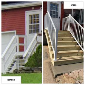 Completed Job in Randolph, NJ. This front porch was re-done with pressure treated wood decking with a White Trex Signature Railing.