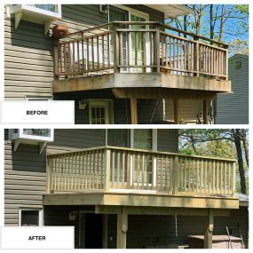 Completed Job in Hopatcong, NJ. This deck was framed and resurfaced in pressure treated wood. A pressure treated railing system was also applied to this top off this project!
