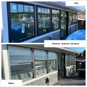 Completed Job in Lake Hopatcong, NJ. 10 windows in this beautiful home were replaced with Anderson 100 Series Windows. These windows have a white interior with a black exterior to give the home a little extra pop and charater. Along with smartsun glass, a short fractional grid pattern, & 3/4