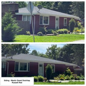 Completed Job in Green Twp, NJ. Mastic Quest Siding was applied in Russett Red - Dutchlap Panels. Along with white 5