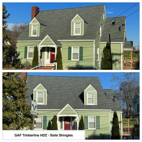 Completed Job in Newton, NJ. This roof was completed in GAF Timberline HDZ Slate Shingles! These shingles have a hint of green in them, which really made the green siding on this cute cape cod home really pop!