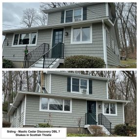 Completed Job in Andover, NJ. This cute home recently got a total makeover! A GAF Timberline HDZ Roof System in Nantucket Morning was installed, than was re-sided with Mastic Cedar Discovery DBL 7 Shakes in Scottish Thistle with 5