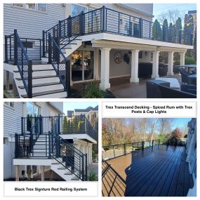 Completed Job in Newton, NJ. This deck was completed in Trex Transcend Decking - Spiced Rum with Trex Posts, Black Signature Rod Railing System, cap lights, and stair lights on all posts.