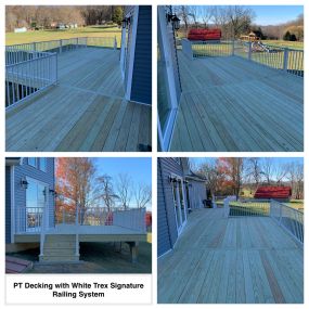 Completed Job in Belvidere, NJ. This deck was a new addition to this beautiful home! This deck was framed and surfaced with pressure treated wood and a white trex signature railing system was added to top of this project!