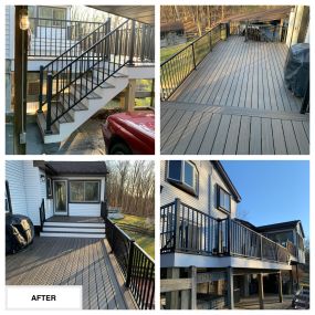 Completed Job in Wantage, NJ. This deck was re-surfaced with Trex Spiced Rum Decking, White PVC Trim Boards, and a Black Trex Railing System. A TimberTech Dry Space Ceiling was also installed under the deck to top off this project!