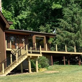 Completed Job in Belvidere, NJ. The decking, stairs, & posts were all re-done in pressure treated wood. A black trex signature railing system was also applied to top off this beautiful deck!