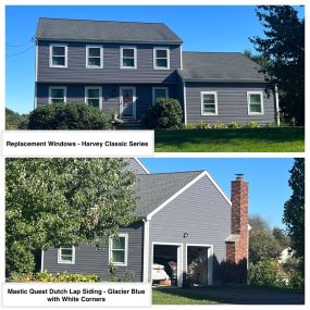 Completed Job in Newton, NJ. This home had a total makeover, we replaced the siding with Mastic Quest Dutch Lap- Glacier Blue with White Corners. ALong with Harvey Replacement Windows - Classic Series and a Harvey Sliding Glass Door to complete this project!