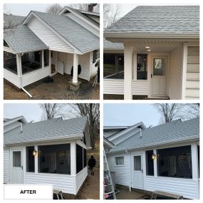 Completed Job in Lafayette, NJ. A 3 season room was added to this home. Started out by changing out the old door with a new Anderson Sliding Glass Door, Framing the roof system and knee walls, applying an EZ Screen System, Siding both inside and out with matching Mastic Quest Siding, 5