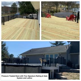 Completed Deck in Andover, NJ. This deck was completed with Pressure Treated Wood with a Black Trex Signature Railing & Gate System. We also added Lattice to top of this job!