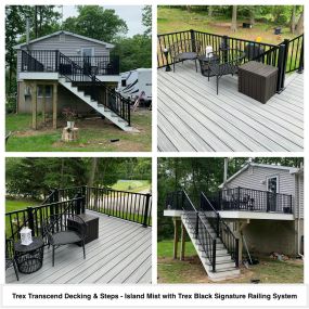 Completed Job in Newton, NJ. Trex Transcend Decking in Island Mist with a Black Trex Signature Railing System were used for this project. White PVC Trim was also added to finish off this job and provide an awesome new space for these customers!