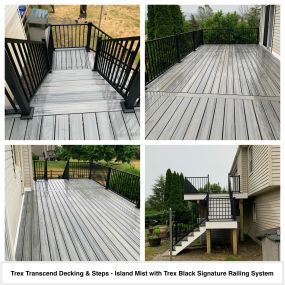 Completed Job in Vernon, NJ. Trex Transcend Decking in Island Mist along with a black Trex Signature Railing System was applied to this deck. White PVC trim boards were also used along the perimeter of the deck, stairs, platform, & risers of the stairs.