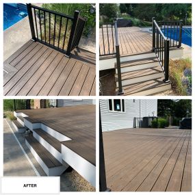 Completed Job in Lafayette, NJ. The existing deck and pergola was demoed. A new deck was framed and than surfaced with Trex Transcend Spiced Run Decking. A Black Trex Signature Railing System was also installed to finish up this project!