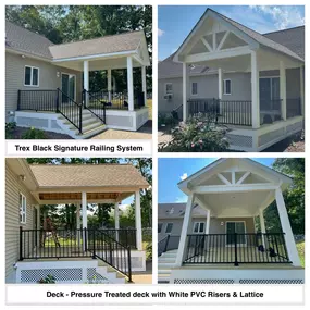 Completed Job in Wantage, NJ. This deck got a total refresh!  A new Reverse Gable Roof System was framed, all new Pressure Treated Decking was applied along with White PVC Risers, Trim Boards, Main Posts, and Lattice. We also added a new Black Trex Signature Railing System to completed this project