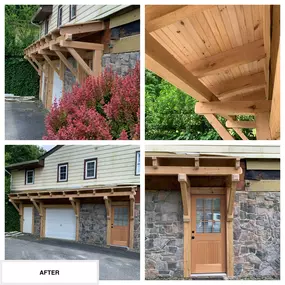 Completed Job in Wantage, NJ. A small eyebrow roof was framed over the entrance and garage doors in Cedar Timber. Simonton 5500 Series Replacement Windows were also installed to top of this job. This was a beautiful addition to this home. We will be finishing off this upcoming week with Mastic Hands