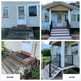 Completed job in Newton, NJ. A 8' x 5' covered porch with 6' wide steps was framed over the existing concrete steps. Trex Transcend Decking in Tiki Torch was applied along with a Black Trex Signature Railing System. PVC Trim was used on the main posts and than around the perimeter of the porch, stai