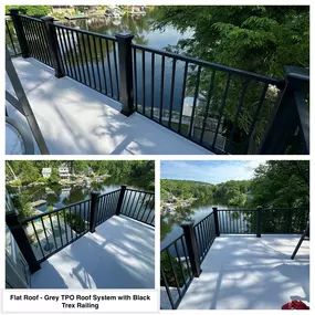 Completed Job in Byram Twp, NJ. This flat roof was redone in Grey TPO. A Black Trex Railing System was than added to top of this project, giving with home a new area to enjoy this summer!