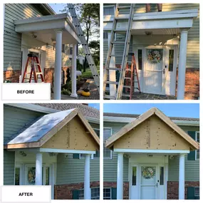 Completed Job in Newton, NJ. This front porch was redone with a Reverse Gable Roof System. After building this new accent to the front of this home, the whole roof was than completed in Hunter Green Timberline HDZ Shingles!