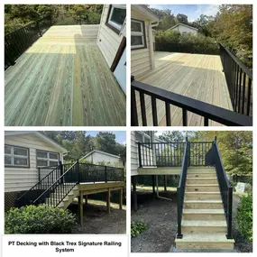 Completed Job in Wantage, NJ. A 10' x 12' section and a 10' x 16' section was framed along with a 4' wide set of stairs. The deck was re-surfaced with Pressure Treated Wood and finished off with a Black Trex Signature Railing on both the deck and stairs. A Trex Gate was also installed at the top of