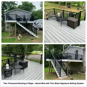 Completed Job in Newton, NJ. Trex Transcend Decking in Island Mist with a Black Trex Signature Railing System were used for this project. White PVC Trim was also added to finish off this job and provide an awesome new space for these customers!