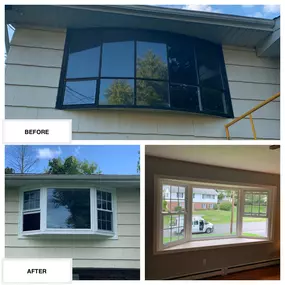 Completed Job in Franklin, NJ. This older Bow Window was removed and replaced with a new Simonton 5500 Series Bay Window. Both the interior and exterior are white, along with a 6 over 6 grid pattern to really make this window pop!