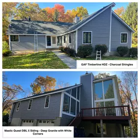 Completed in Newton, NJ. The roof was completed in GAF Timberline HDZ - Charcoal Shingles. The siding was also re-done in Mastic Quest DBL 5 Siding - Deep Granite with white super corners.