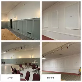 Completed Job in Belvidere, NJ. The fire house got a little revamp! Wood Board & Batten Paneling and Crown Molding was added to the walls giving a nice little update to the hall