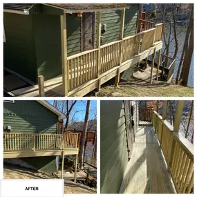 Completed Job in Newton, NJ. The existing Roof System was braced up over the small deck. The existing small deck was than demoed and re-framed a 4'x22' deck along the side of the house. This deck was than tied into the back deck. The decking and railing system was all completed in pressure treated w