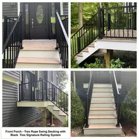 Completed Job in Newton, NJ. This 7' x 5' front porch was framed and than surfaced with Trex Decking in Rope Swing. Black Trex Signature Railings  were added along with white PVC Trim boards around the perimeter of porch, stairs, & risers to finish off this job!