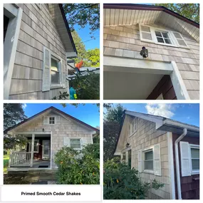 Completed Job in Budd Lake, NJ. The old wood shake siding was replaced on the front of the house only and replaced with Primed Smooth Cedar Shakes. All vinyl soffit and shutters were taken off and re-attached after the new siding install was completed.