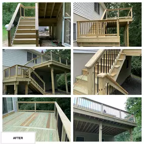 Completed Job in Hardwick, NJ. This deck was demoed and re-framed as a 12' x 22' deck with a 4' x 6' platform and 2 sets of stairs in PT Lumber. A PT railing system with Black Metal Ballasters was also added on the Deck, Stairs, & Platform!