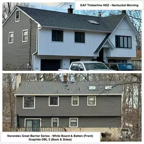 Completed Job in Byram Twp, NJ. This home had a complete makeover! The roof was re-done with GAF Timberline HDZ Nantucket Morning Shingles. All skylights were also removed and replaced with new fixed Velux skylights. The roof was topped off with ultimate pipe flashings. The siding was than completed