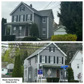 Completed Job in Newton, NJ. This home was re-sided in Mastic Quest Deep Granite Dutchlap 4.5 Panels. New 5