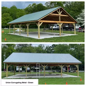 Completed Job in Stillwater Twp, NJ. This project began by pouring a 30'x40x concrete pad. The pavilion was then framed with PT Posts and Girder System. DF Lumber was used for all Rafters & Collar Ties. Union Corrugated Metal Roof System in Green was than applied to finish up this project!