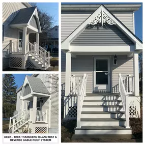 Completed Job Stanhope, NJ. This Deck was re-built & re-surfaced with Trex Transcend Island Mist Decking. A White RDI PVC Colonial Railing System was also added. Along with a Reverse Gable Roof System with GAF Timberline HDZ Shingles in Fox Hollow Grey was added to top off this project!