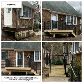 Completed Job in Montague, NJ. A new Therma-Tru Fiberglass Smooth Star Door with 9LT in Deep Moss and Storm Door was installed along with a new Front Porch in Pressure Treated Wood with a Black Trex Railing System!