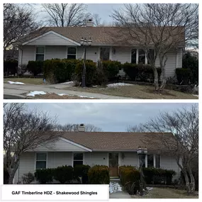 Completed Job in Stanhope, NJ. GAF Timberline HDZ Shakewood Shingles were applied to this roof giving a create contrast to the rest of this ranch!