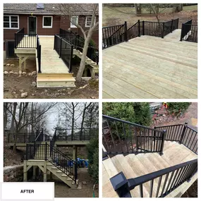 Completed Job in Sparta, NJ. This deck was demoed and we started completely over. New footings and concrete pads were poured and the deck was re-framed in Pressure Treated Wood adding on a ramp to the back yard, stairs, & platform. A Black Trex Signature Railing System was added to top of this job!