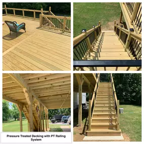 Completed Job in Green Twp, NJ. This project began with framing a 20' x 20' section, along side a 15' x 20' section with 4' wide set of stairs. This deck was completed in Pressure Treated Decking and PT Railing System with black metal spindles! A new Anderson Sliding Glass Door replaced an existing