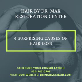 Hair By Dr. Max
4 SURPRISING CAUSES OF HAIR LOSS

When first noticing early signs of hair loss, rushing to Google for reasons why may be your next move. While there are the common reasons for hair loss, such as aging and genetics, there are many more reasons that may be to blame for your recent hair loss.

1. Medication

It’s always important to know what are the potential side effects when taking new medications. For some meds, sudden hair loss is an expected side effect. A few examples of diff