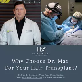 Hair By Dr. Max, Restoration Center

These are are just a few things that separate us from other hair restoration clinics! Feel free to call us for any questions you have regarding your hair loss situation!

- Unlike other clinics where the physician supervise technicians, Dr. Max personally performs every step of your procedure, including harvesting and implantation
- Dr. Max creates a custom hairline design for each patient
- Dr. Chumak’s DGI results in procedures that are twice as fast as tra