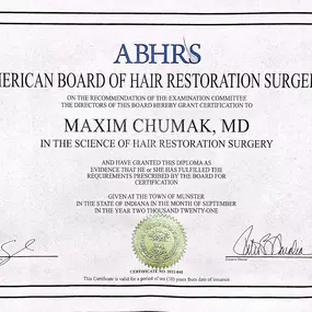 What is the American Board of Hair Restoration Surgeons (ABHRS)?

On June 10, 1996, the organizational meeting for a hair replacement surgery certification examination heralded a new era in hair restoration: the formation of the American Board of Hair Restoration Surgery. 

https://abhrs.org/ 

What It Means For Your Surgeon To Be Certified by the American Board of Hair Restoration Surgery (ABHRS):

Your surgeon is one of about 200 hair restoration surgeons in the world who have passed the rigor