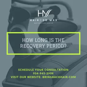Hair by Dr. Max, Restoration Center

As far as recover time for a hair transplant procedure, it is much shorter than with all other existing hair restoration surgeries: usually anywhere from 1-3 days. Since there are no surgical cuts or stitches involved, the most people can expect is some mild swelling and discomfort. Most are able to resume their regular activities within 48 hours.