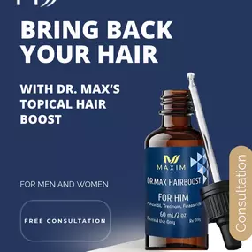 Here at our practice, Hair By Dr. Max, Restoration Center, we offer an innovative new topical solution created with clinically proven ingredients to stop and even reverse hair loss. Unlike other topical hair solutions, you only have to apply the product once a day. Each bottle of our topical solution will last you three months if used correctly.

Both formulas are prescription-only and do require a formal consultation with Dr. Max. Come in today and learn more about which non-surgical hair loss 